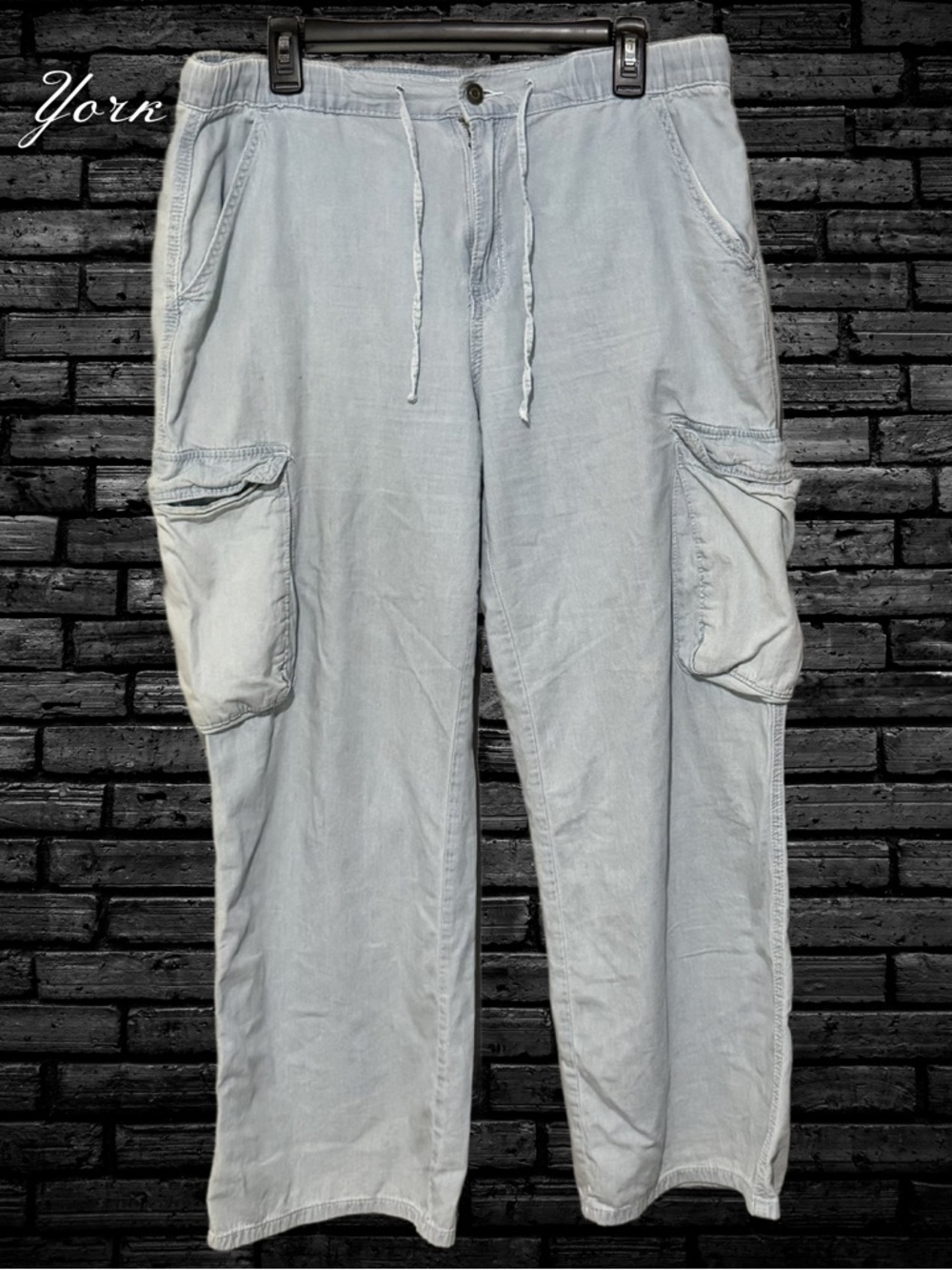 Rachel Paige Women’s Cotton Light Blue Cargo Pants with Drawstring Waist